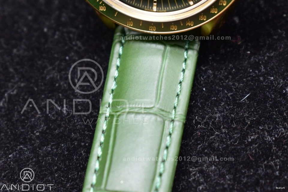 Gold Green Manual Speedmaster Green YG in Dial Chrono Strap Leather on RMF Moonshine Moonwatch Edition Best 0701
